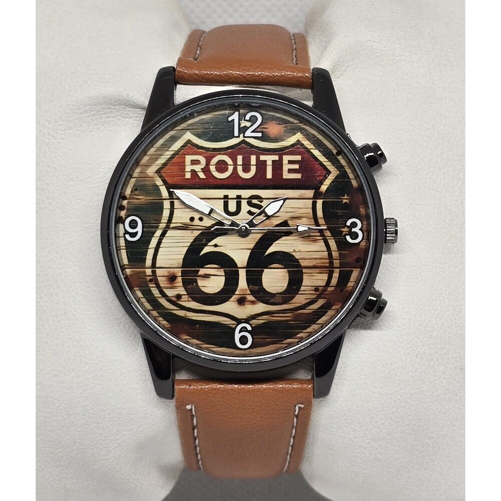 Men's Classic Round Route 66 Dial Black Case Brown Faux Leather Strap Watch 13
